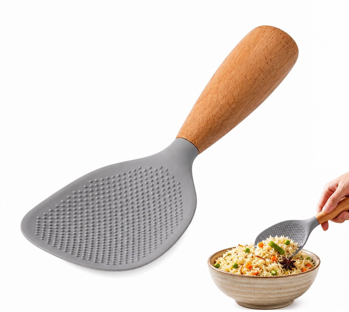 Silicone Rice Serving Spoon,Rice Spoon,Wooden Spoon,Spatula,Rice Paddle,Palta Silicone, Wooden Salad Spoon-image-5