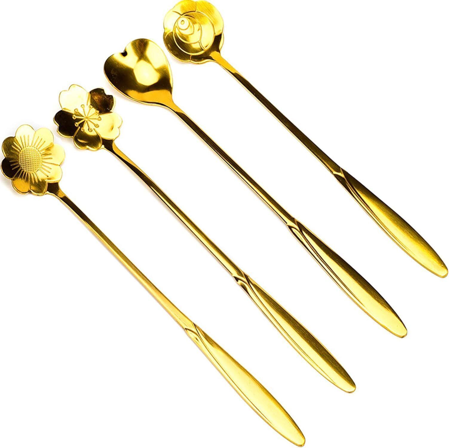 Decorative gold tea spoon luxury coffee floral design long handle stirring item Steel Coffee Spoon Set-image-11