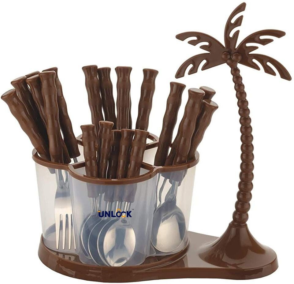 Coconut Cutlery Set for Dining Table with Stand 24 PCs Stainless Steel Cutlery Set (Brown) Stainless Steel Dessert Spoon, Tea Spoon, Table Spoon, Soup Spoon, Ice-cream Spoon-image-1