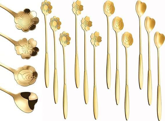 swavira 12Pcs Luxury Flower Dessert Spoon with Gold Plating, Decorative Stainless Steel Stainless Steel Table Spoon Set-picture-2