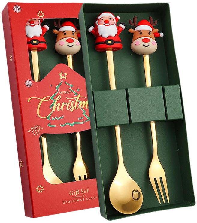 giggles world Christmas Theme Spoon & Fork Set | Cute Santa Reindeer Cutlery Gift Box Set Disposable Stainless Steel Ice-cream Spoon Set-picture-13