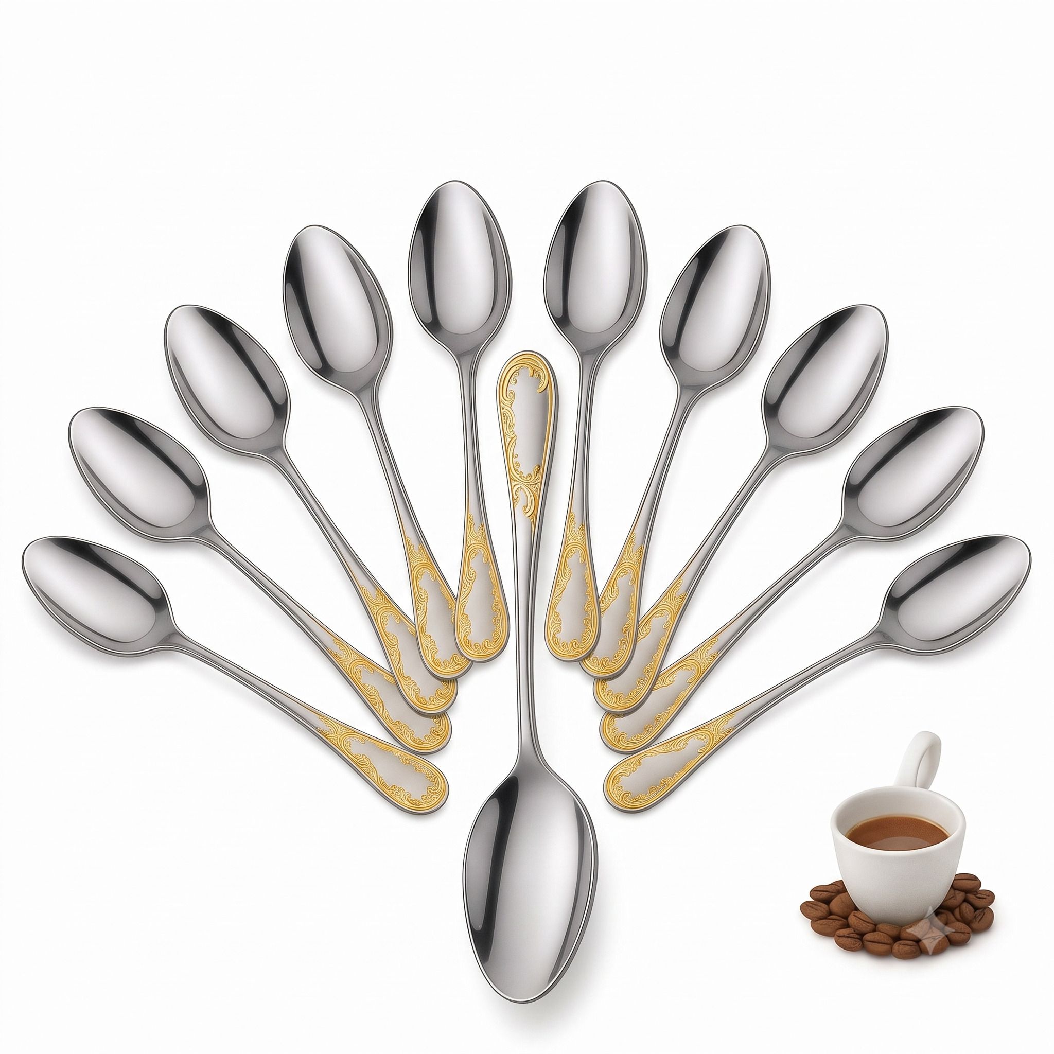12Pcs Tea Coffee Spoon Set Stainless Steel Chammach Silver Gold Cutlery For Home Stainless Steel Coffee Spoon, Dessert Spoon, Ice Tea Spoon, Ice-cream Spoon, Salad Spoon, Soup Spoon Set-image-26