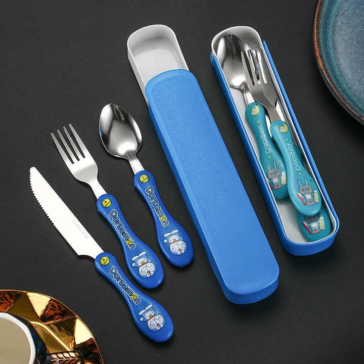 VENUSATURN Kid's Cute Cartoon Character 3 Pcs Stainless Steel Tableware Set Stainless Steel Ice-cream Spoon Set