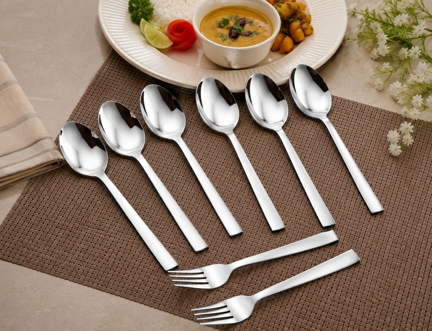 Stainless Steel Spoon & Fork Set | 6 Dinner Spoons + 2 Dinner Forks Stainless Steel Serving Spoon, Soup Spoon, Salad Spoon, Tea Spoon, Table Spoon Set-image-24
