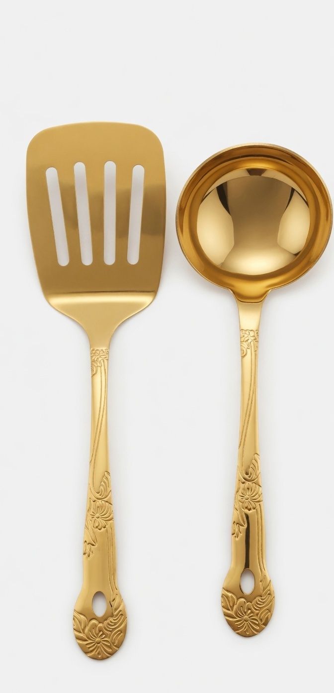 Golden Stainless Steel Slotted Turner Spatula & Soup Serving Ladle. Stainless Steel Serving Spoon, Olive Spoon Set-image-35