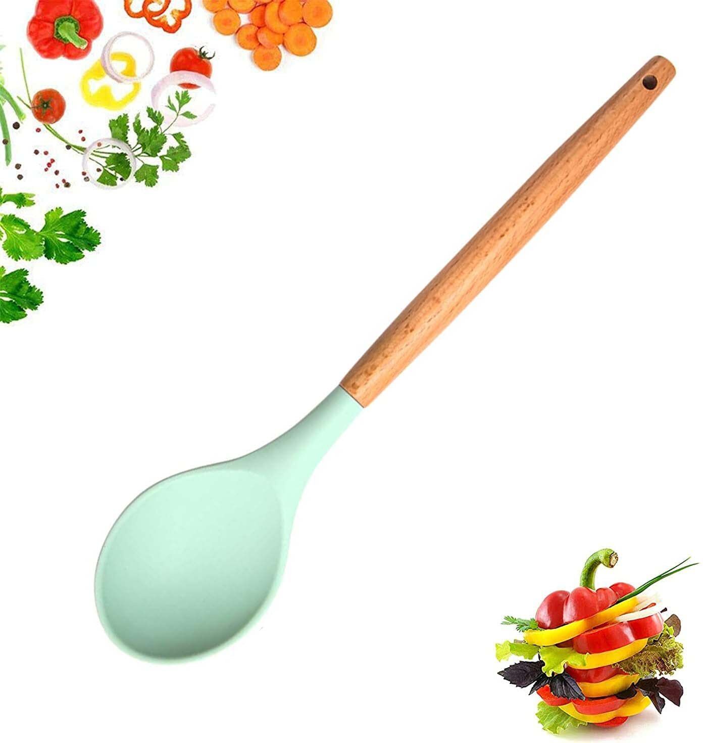 Silicone Wooden Handle Spoon BPA-Free & Heat Resistant up to 445°F (Green, 1 Pc) Silicone Serving Spoon-image-27
