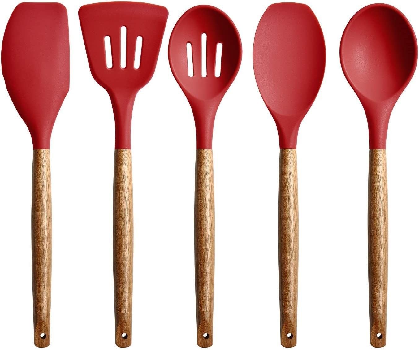 Non-Stick Kitchen Utensils Set with Wooden Handle Silicone Serving Spoon, Dessert Spoon Set-image-13