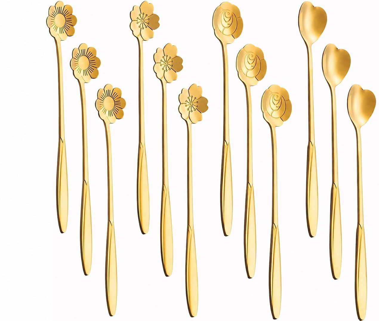 taskra Premium Golden Floral Heart Long Handle Pack 12 Stainless Steel Coffee Spoon, Cream Spoon, Ice Tea Spoon, Ice-cream Spoon, Sugar Spoon, Tea Spoon Set-picture-11