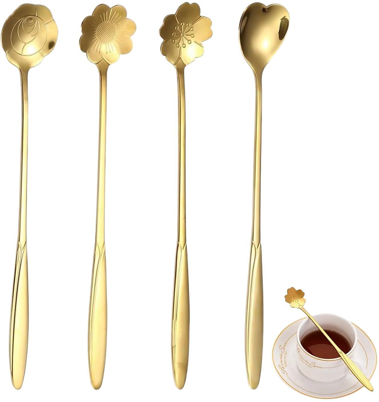 ablue clipper Premium Gold Floral Spoon Set Pack of 4 Stainless Steel Coffee & Dessert Spoons Steel Ice-cream Spoon-picture-34