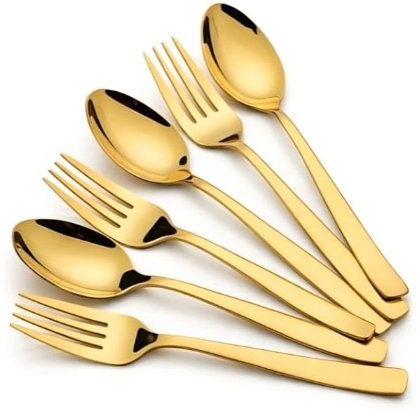 Gold Finish Stainless Steel Spoon & Fork Set (3 Spoon + 3 Fork) Cutlery Set Stainless Steel Dessert Spoon Set-image-29