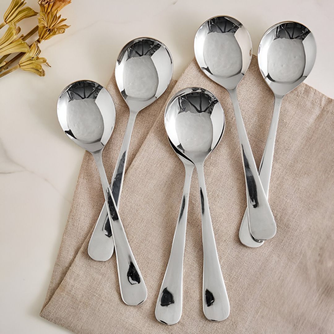 Soup Spoons, Round Stainless Steel Bouillon Spoons, Set of 6 Stainless Steel Stainless Steel Soup Spoon Set