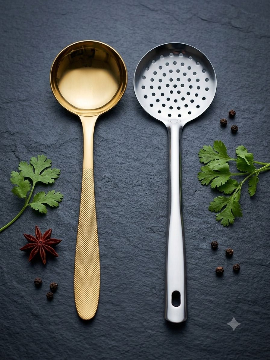 Gold Ladle LUX GRIP Serving Ladle Silver Skimmer LUX SMOOTH Slotted Skimmer Stainless Steel, Steel Serving Spoon, Measuring Spoon, Dessert Spoon Set-image-26