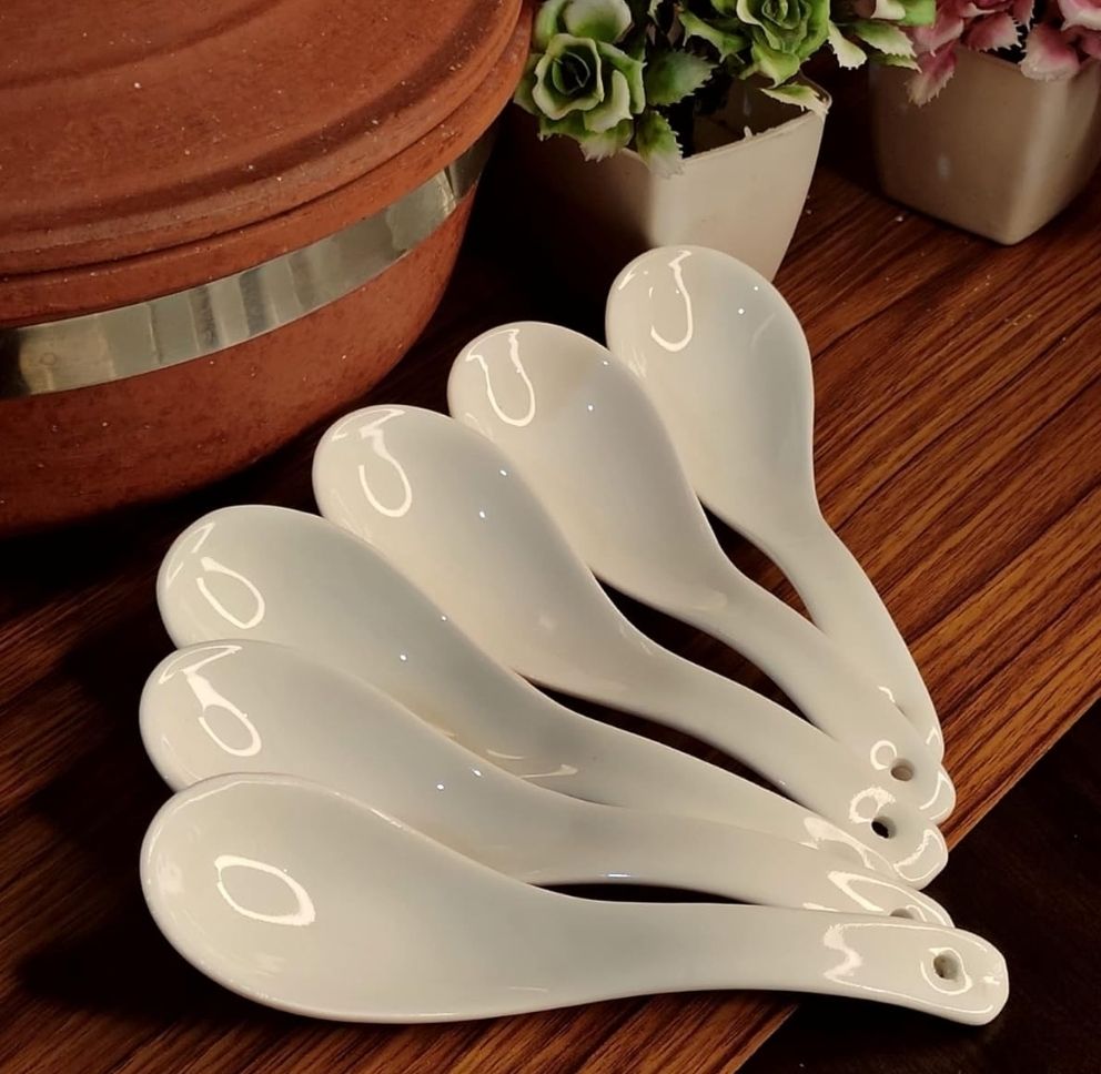 Soup Spoon Set of 6 Pure Ceramic White Color Microwave Safe 15 cm Ceramic Soup Spoon Set-image-46
