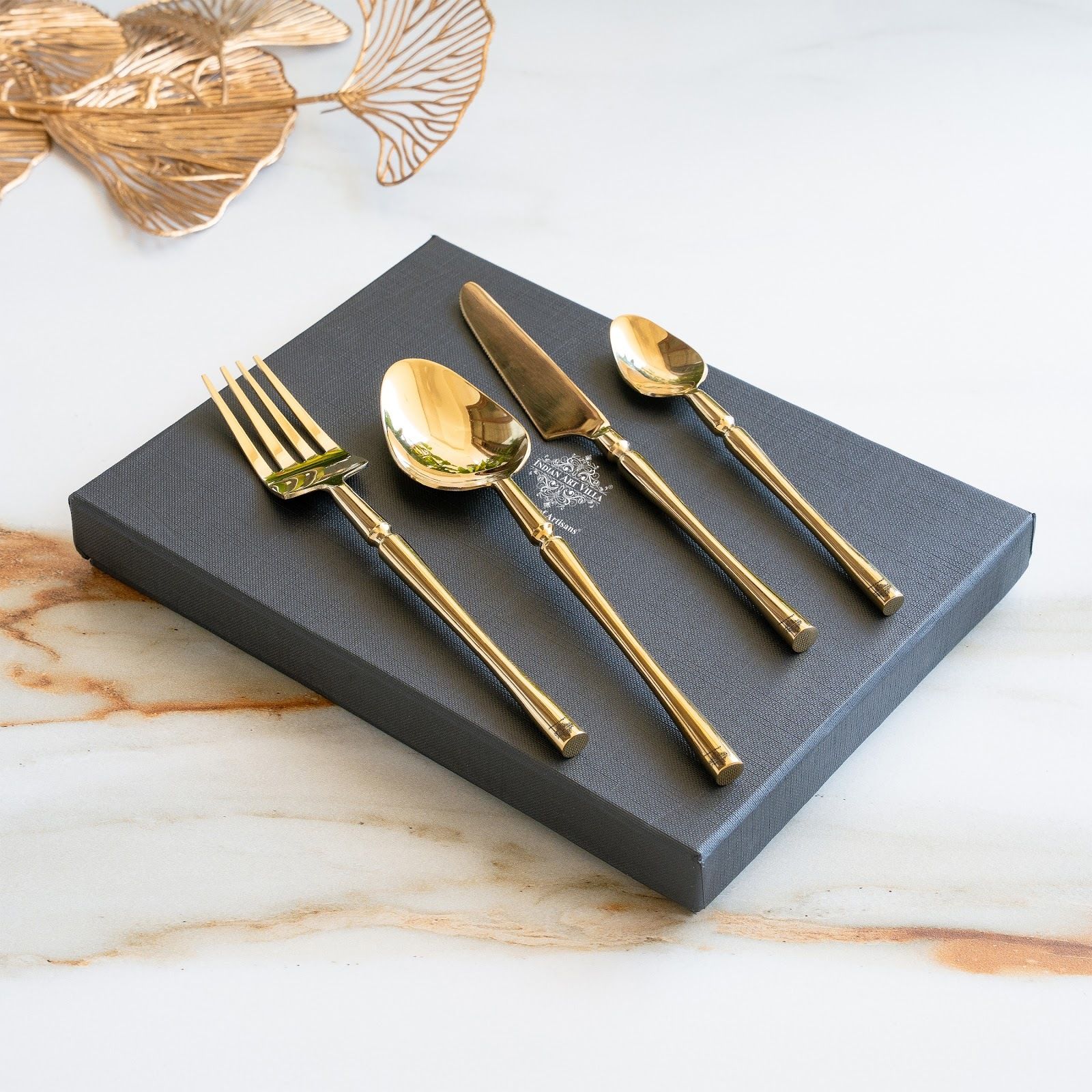 indianartvilla Stainless Steel Gold PVD Coated Rafail Cutlery Set of 4 Fork Knife Spoon Set Stainless Steel Cutlery Set-picture-9