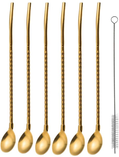 6 Pcs Stainless Steel 2-in-1 Straw Cum Spoons Long Straws for Ice Tea, Milkshake Stainless Steel Dessert Spoon Set-image-40