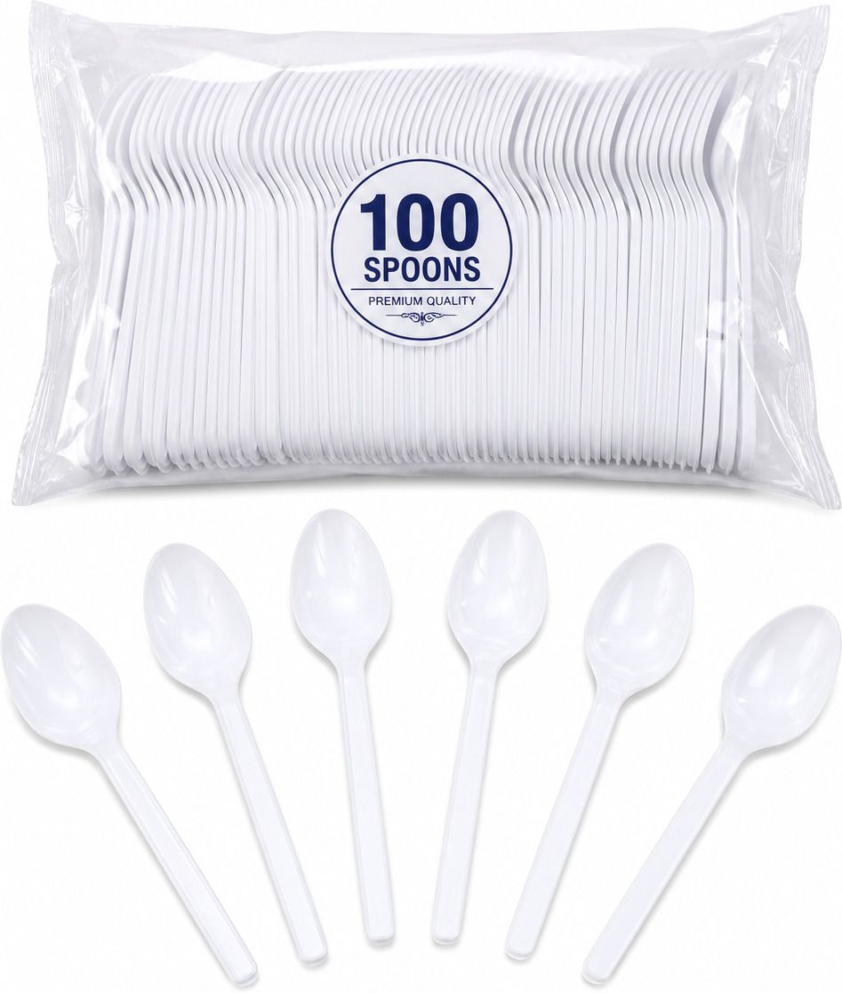 Pack of 100 Premium Disposable Plastic Spoon Disposable Plastic Dessert Spoon, Ice Tea Spoon, Ice-cream Spoon, Serving Spoon, Table Spoon, Tea Spoon Set-image-0