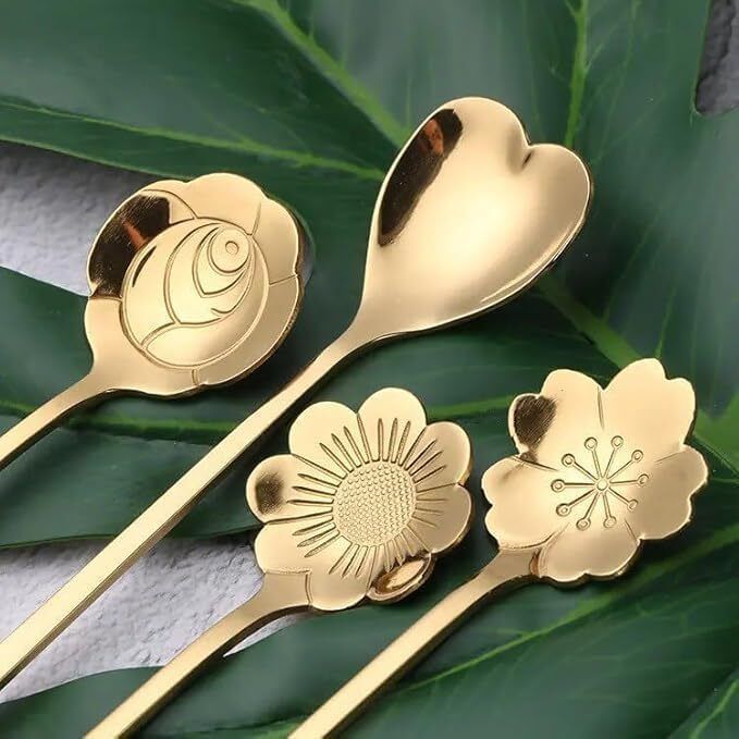 fenku mart Gold Spoon Set Heart & Rose Design Long Handle Dessert Decorative Spoon Set Stainless Steel Coffee Spoon, Dessert Spoon, Measuring Spoon, Serving Spoon, Tea Spoon Set-picture-18