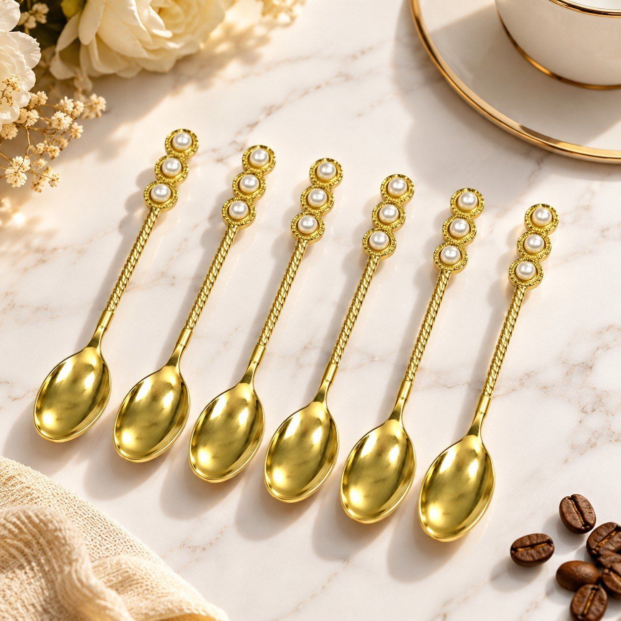 Luxury Gold Pearl Spoon Set of 6 Stainless Steel Coffee Spoon, Dessert Spoon, Ice-cream Spoon, Serving Spoon, Table Spoon, Tea Spoon Set-image-8