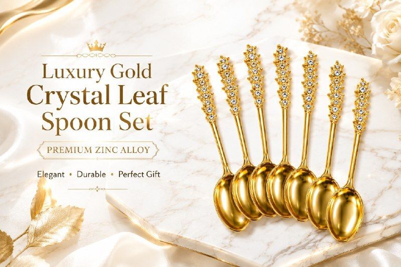 Gold Crystal Leaf Spoon Set of 6 - Premium Zinc Alloy Stainless Steel Coffee Spoon, Dessert Spoon, Ice-cream Spoon, Table Spoon, Tea Spoon Set-image-21