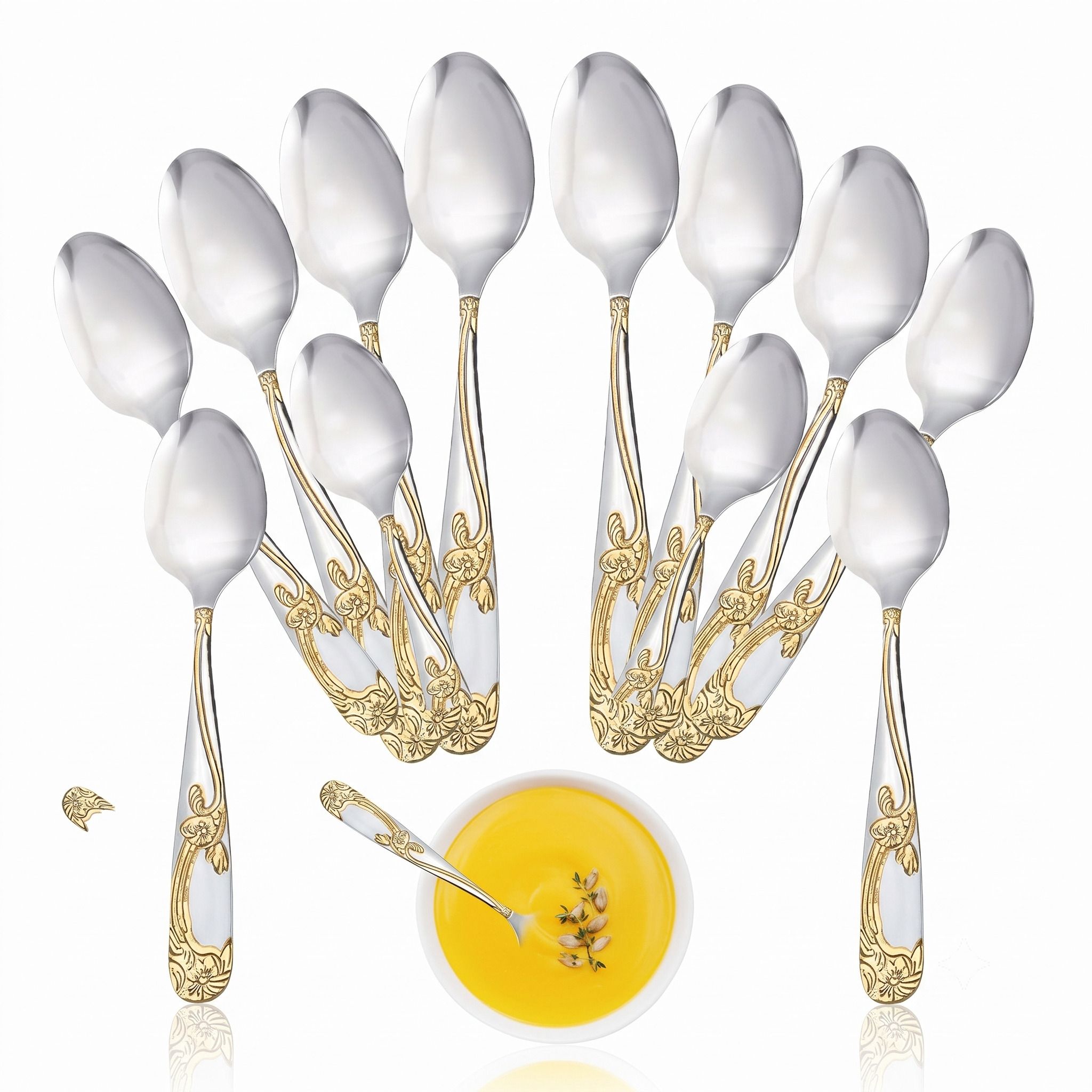 rerat enterprise 12 Pcs Stainless Steel Soup Spoons Set Gold Floral Embossed Handle Stainless Steel Coffee Spoon, Cream Spoon, Dessert Spoon, Ice Tea Spoon, Ice-cream Spoon, Soup Spoon Set-picture-8
