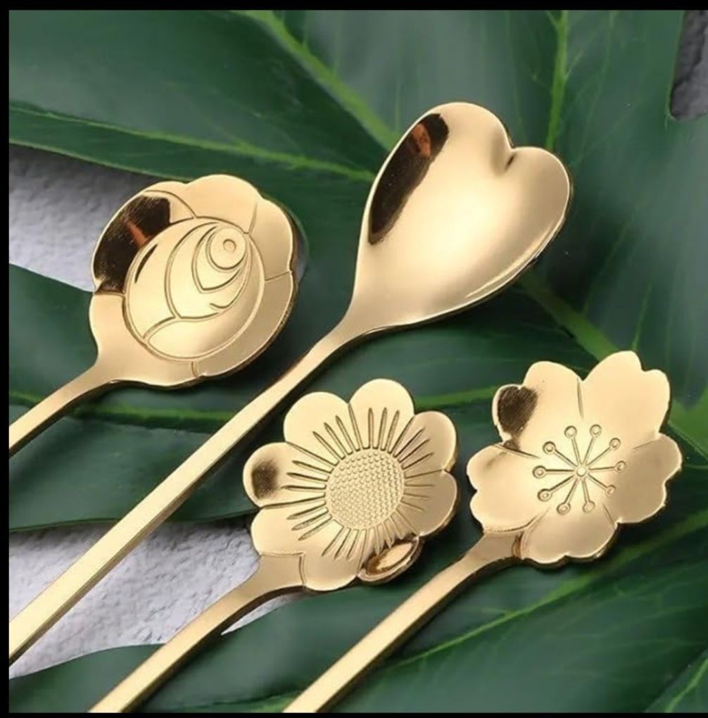 ablue clipper Golden Spoon Set 4 pcs Gold Stainless Steel Flower-Head Coffee & Dessert Spoon Steel Dessert Spoon, Ice-cream Spoon-picture-28