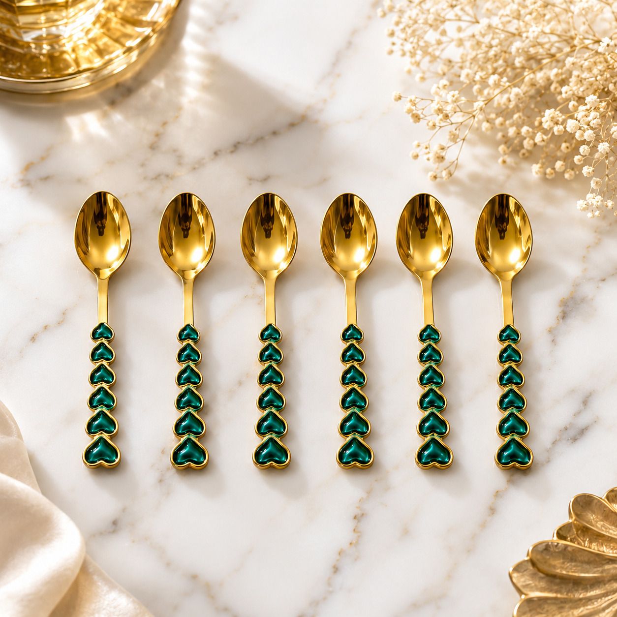 Luxe Emerald Gold Tea Spoon Set Stainless Steel Cream Spoon, Coffee Spoon, Dessert Spoon-image-9