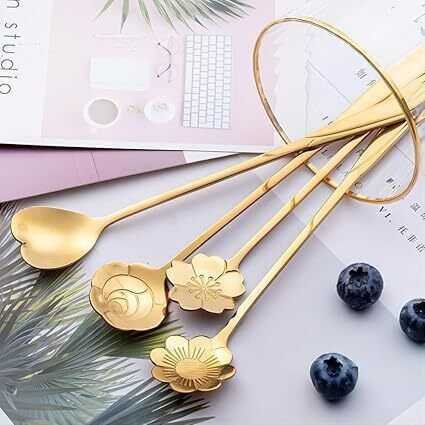 ablue clipper Royal Gold Dessert Spoon Set of 4 with Flower Pattern Handles Steel Ice-cream Spoon Set-picture-33