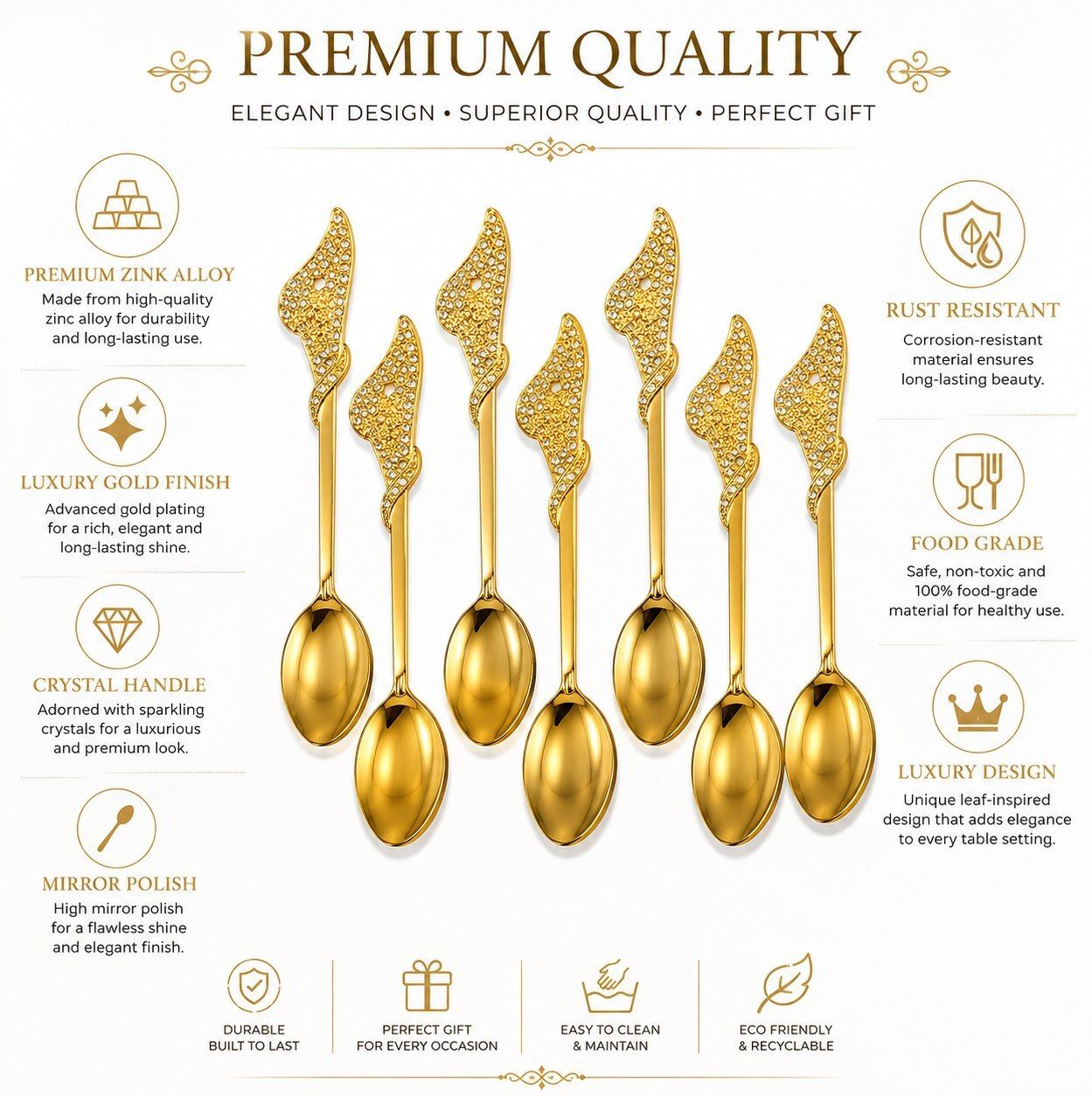 Luxury Gold Crystal Dessert Spoon Set of 6 Stainless Steel Table Spoon, Serving Spoon, Dessert Spoon, Coffee Spoon Set-image-44