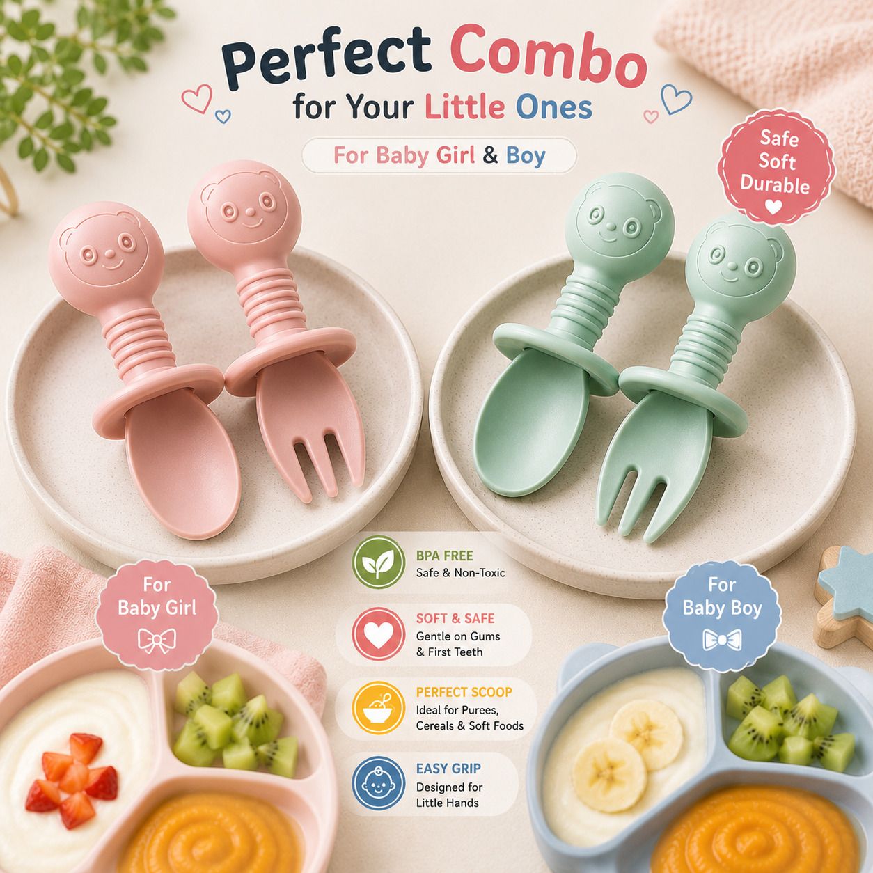 Panda Baby Training Spoon Fork Self Feeding Set BPA Free Silicone Pack of 4 Disposable Silicone Serving Spoon, Soup Spoon, Table Spoon Set-image-37