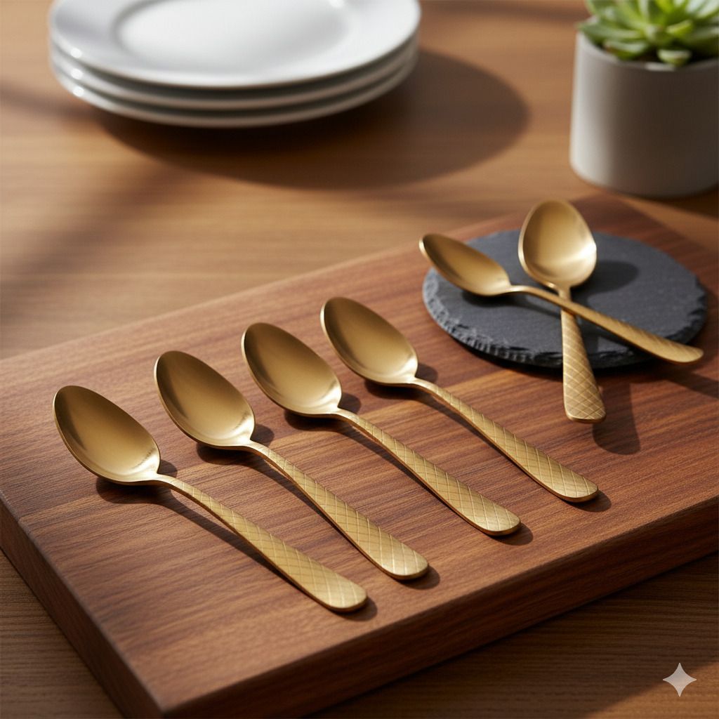 sayan halder shop RoyalGold Diamond Grip Dessert Spoon Set - 6 Pieces Disposable Stainless Steel Table Spoon, Dessert Spoon, Sugar Spoon, Tea Spoon, Serving Spoon, Salad Spoon Set-picture-19