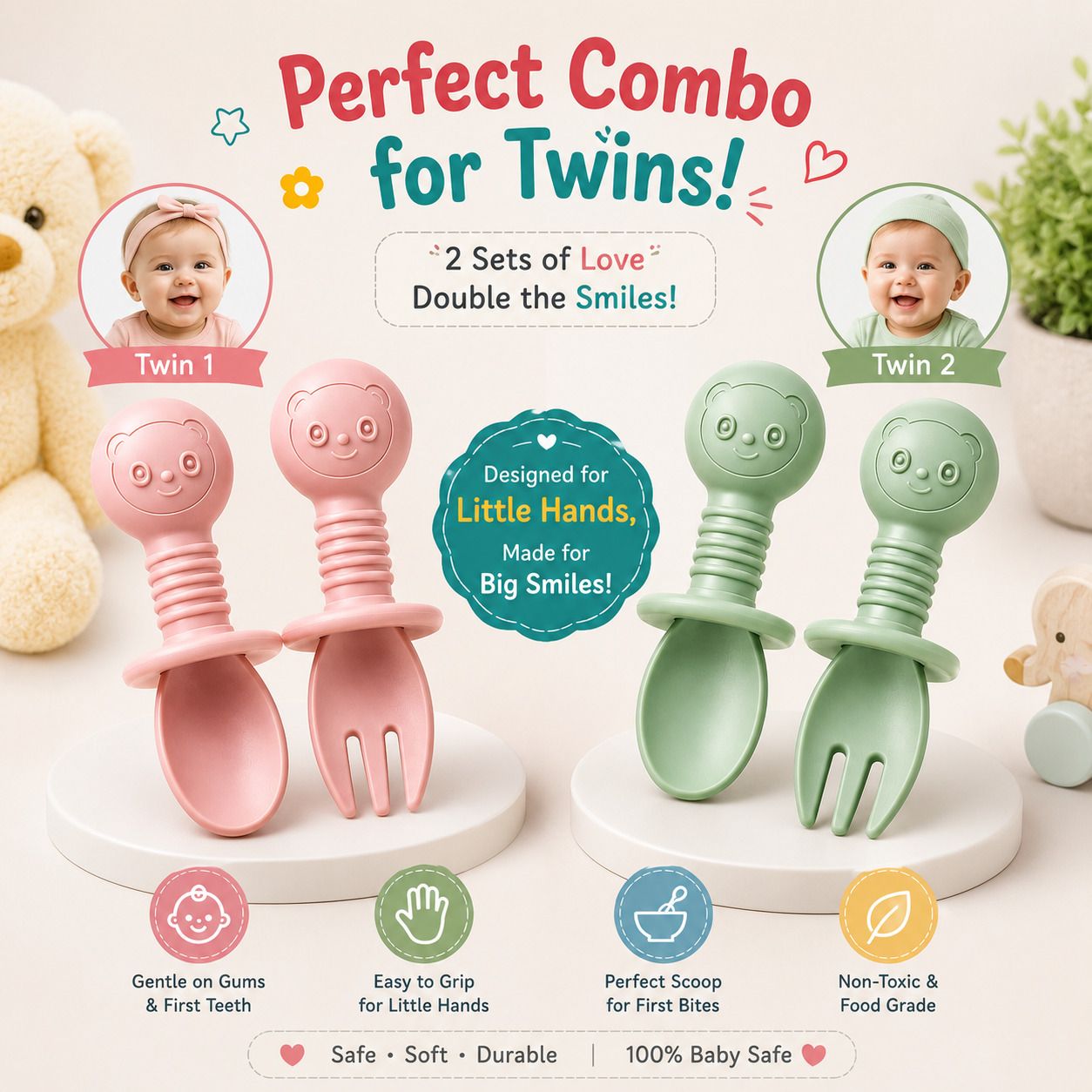 Silicone Baby Feeding Spoon Fork Combo Pack of 4 for Twin Babies Disposable Silicone Serving Spoon, Soup Spoon, Table Spoon Set-image-11