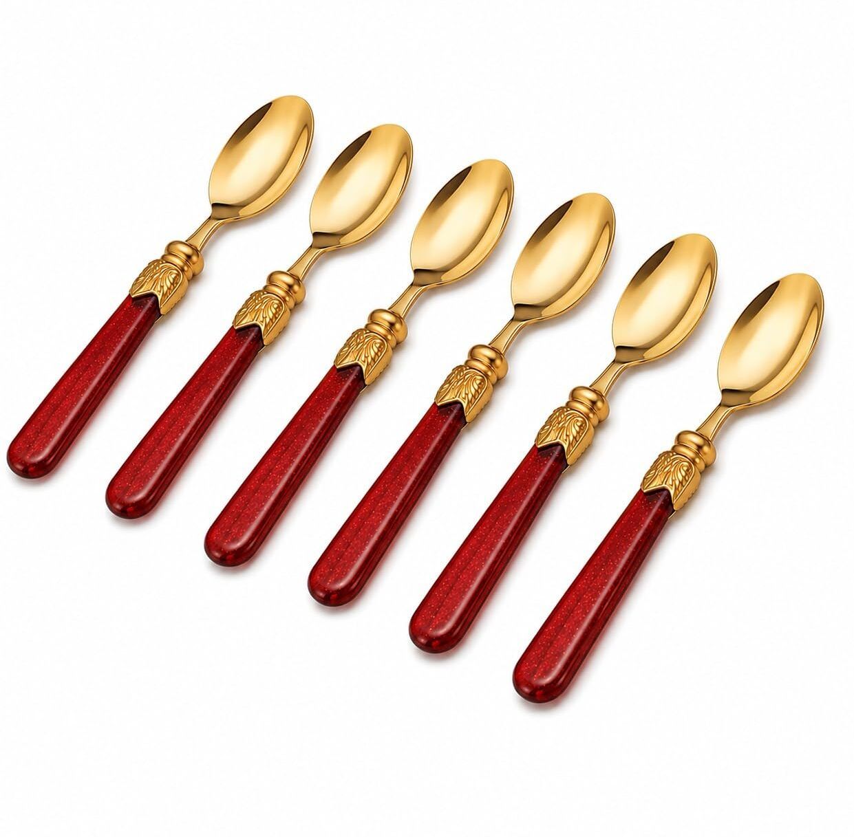 unnati enterprises Red & Golden Dessert Spoon Set of 6 Pcs with Crystal Handle Stainless Steel Coffee Spoon, Cream Spoon, Dessert Spoon, Ice-cream Spoon, Sugar Spoon, Tea Spoon Set-picture-36