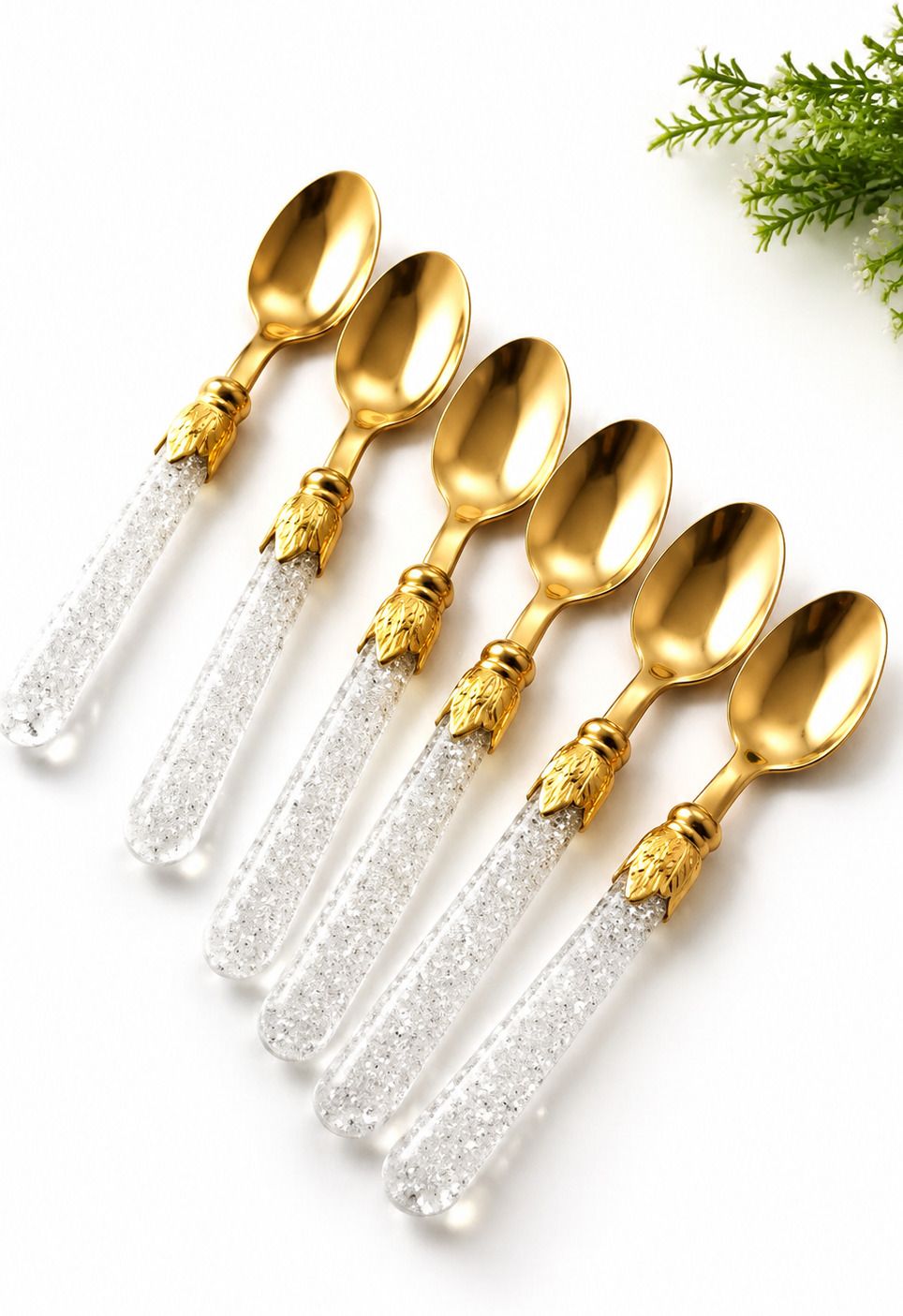 unnati enterprises White & Golden Dessert Spoon Set of 6 Pcs with Crystal Handle Stainless Steel Coffee Spoon, Cream Spoon, Dessert Spoon, Ice-cream Spoon, Sugar Spoon, Tea Spoon Set-picture-37