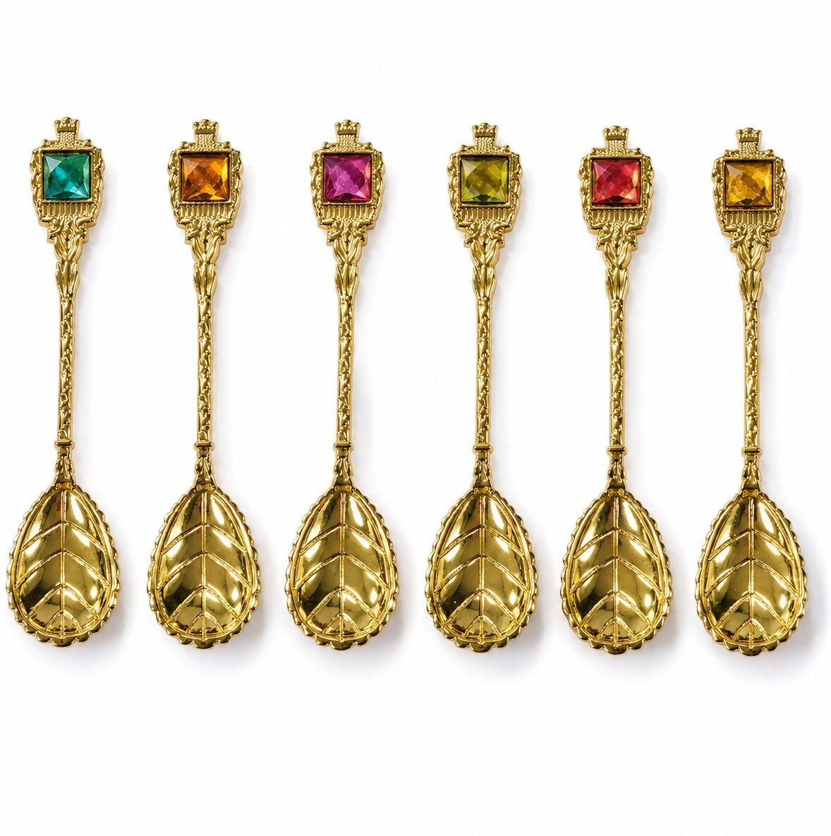 Luxury Gold-Plated Leaf Design Dessert Spoon Set with Crystal Handle (6 Pcs) Stainless Steel Dessert Spoon, Tea Spoon, Ice-cream Spoon Set-image-26