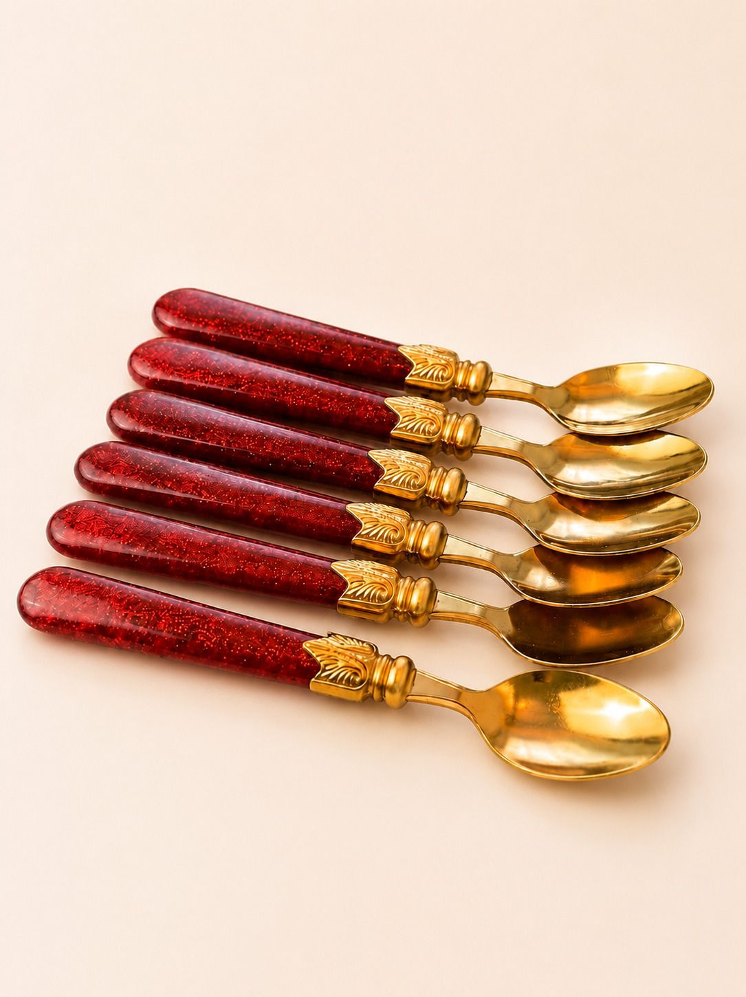unnati enterprises 6 Pcs Gold Plated Designer Tea Spoon Set with Red Glitter Handle Stainless Steel Cream Spoon, Dessert Spoon, Tea Spoon, Serving Spoon Set-picture-27