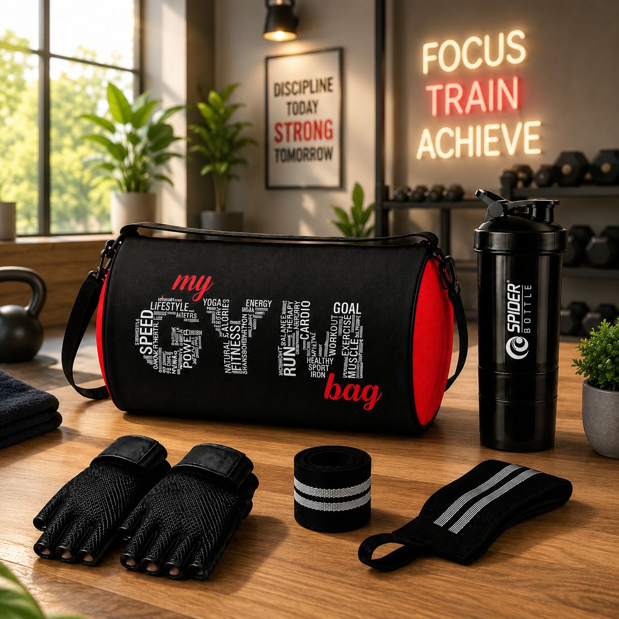 rscollection Multipurpose Gym Duffle Bag with Shaker Bottle, Gloves and Gym Wrist Wrap Combo-picture-45