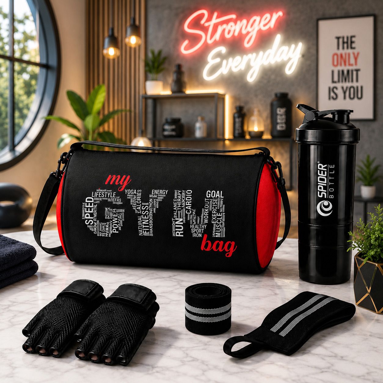 rscollection Fitness Gym Bag Combo with Shaker Bottle, Workout Gloves and Wrist Strap Set-picture-17