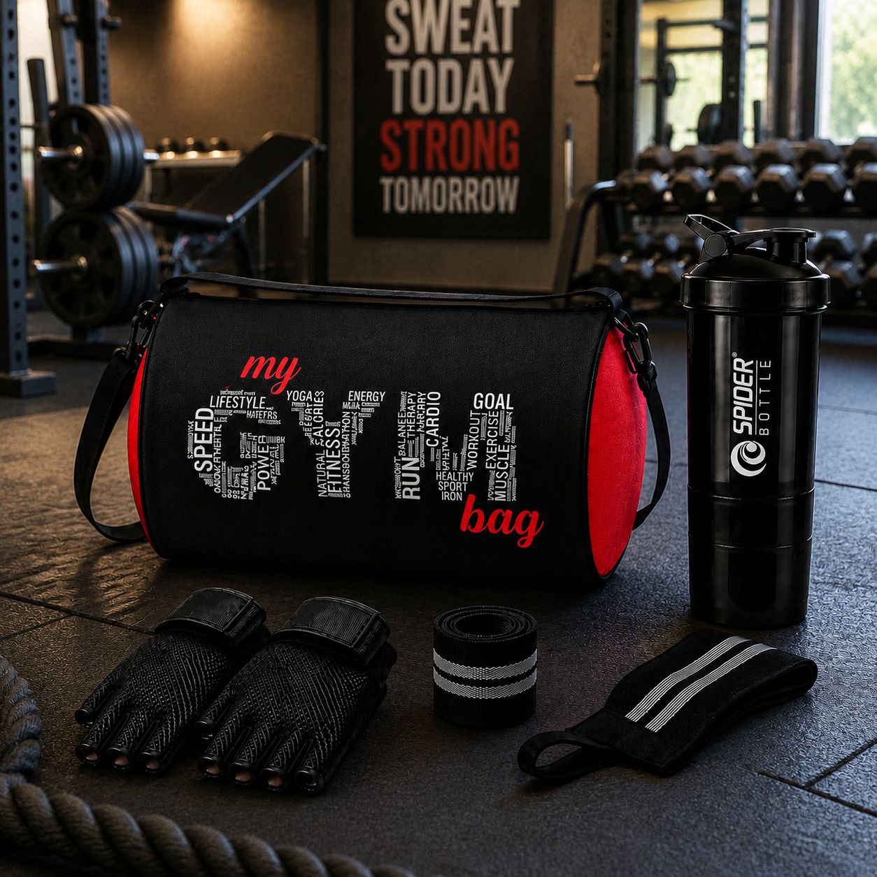 rscollection Premium Gym Bag Combo Set with Shaker Bottle, Gloves and Fitness Accessories-picture-27