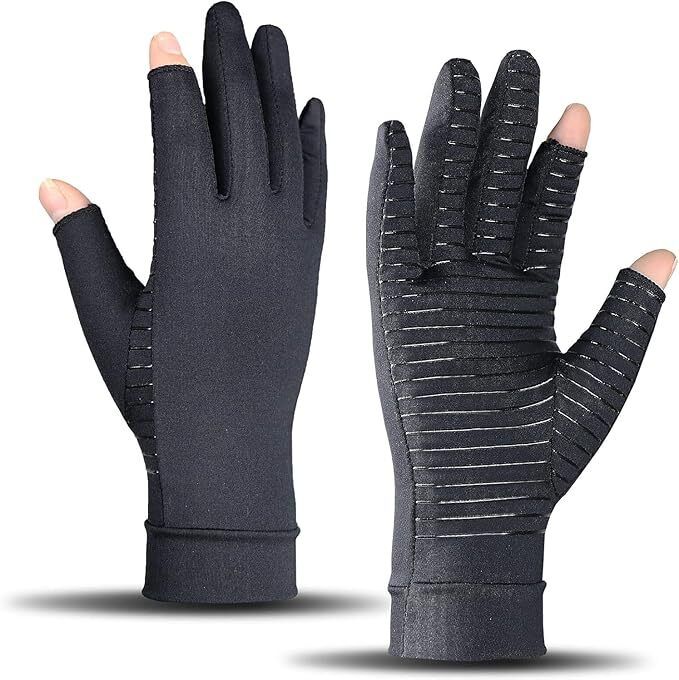 2Pcs Black Grip Gloves, Touch Screen Copper Arthritis Gloves, Hand Cover Gym & Fitness Gloves
