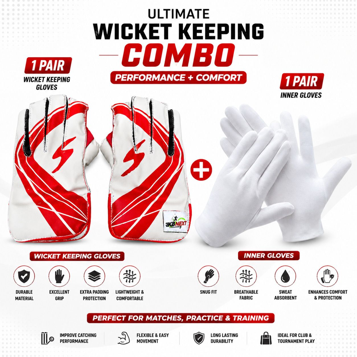 kbb Men's Wicket Keeping Gloves Full Size with Inner Gloves Cricket Gloves Combo Wicket Keeping Gloves-picture-0