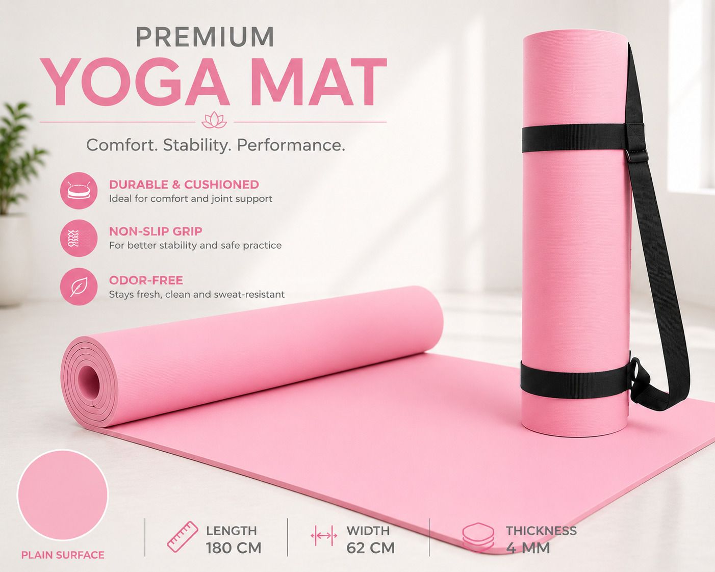 Premium Yoga Mat 4mm Thickness with Carry Strap Baby Pink 4 mm Yoga Mat-image-46
