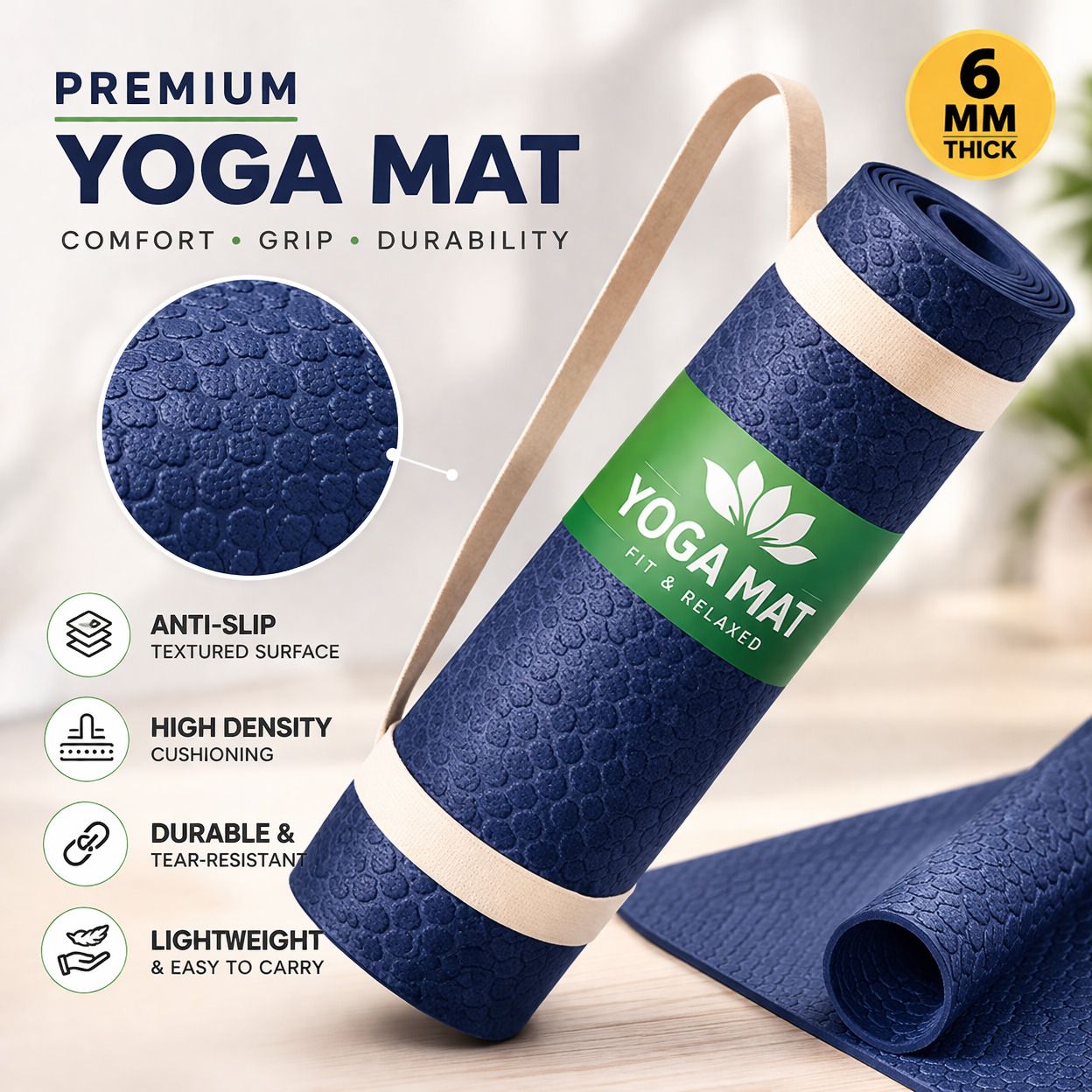 6mm Navy Blue Yoga mat with free yoga carry strap for women and men Blue 6 mm Yoga Mat-image-5