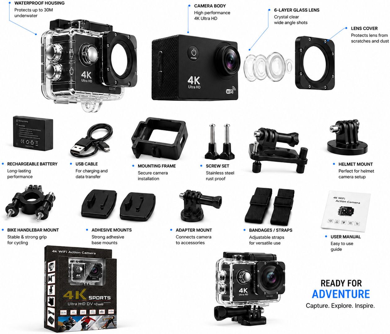 AERIOSKY 4k H1 16MP Wifi 30M Waterproof Action Camera Sports DV Camcorder Sports and Action Camera-picture-14