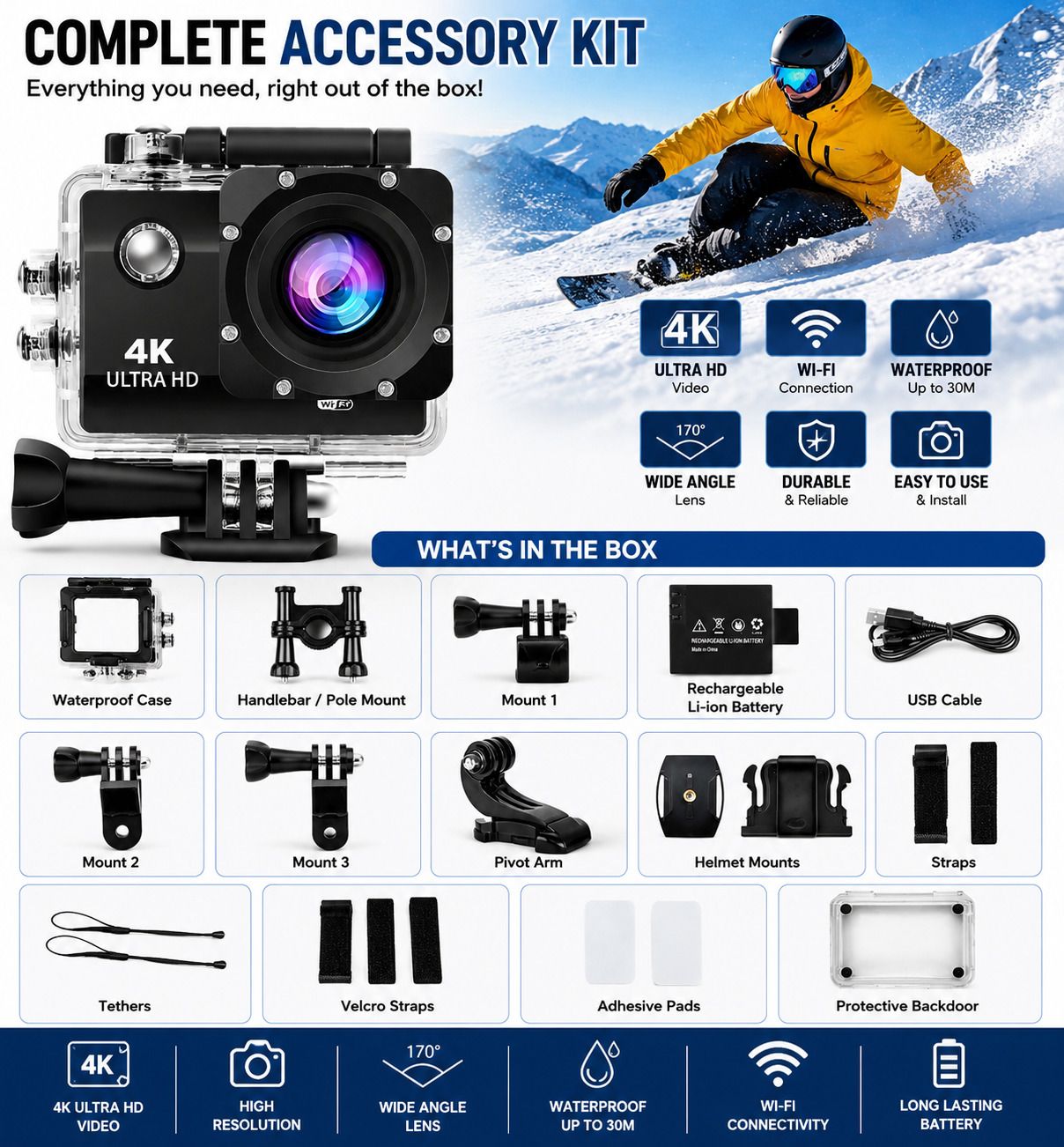VYNEX Action camera 4K Helmet Action Camera for Bike Riding, Diving & Hiking Sports and Action Camera-image-0