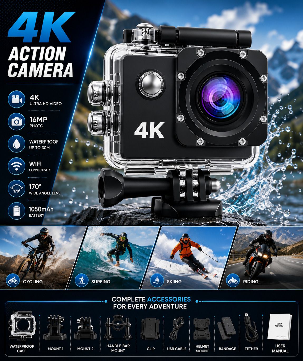 ANCAM PROFESSIONAL 4K Action Camera 4k 16MP Waterproof Action Camera Sports DV Camcorder Sports and Action Camera-picture-20