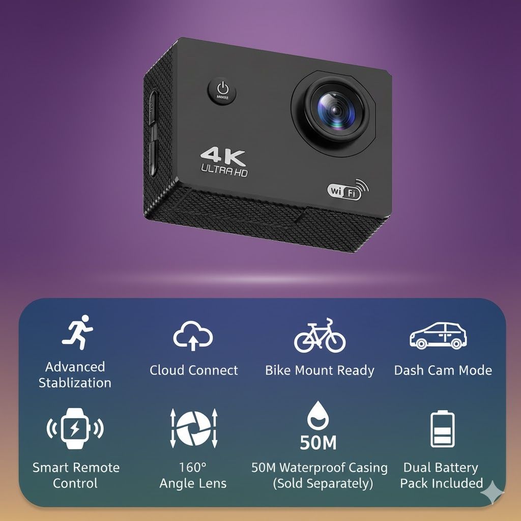 Flick Professional 4K Sports Action Camera with 30M Waterproof Case– Bike/Helmet (1 YEAR WARRANT) Sports and Action Camera