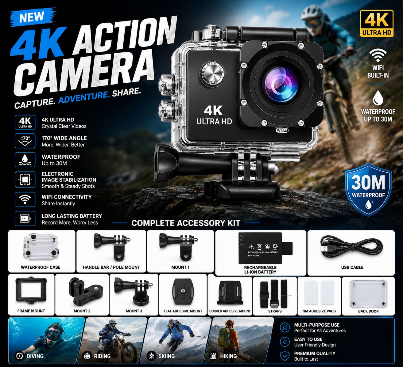 VYNEX Action camera 4K Waterproof Action Camera with Accessories Kit Sports and Action Camera-image-22