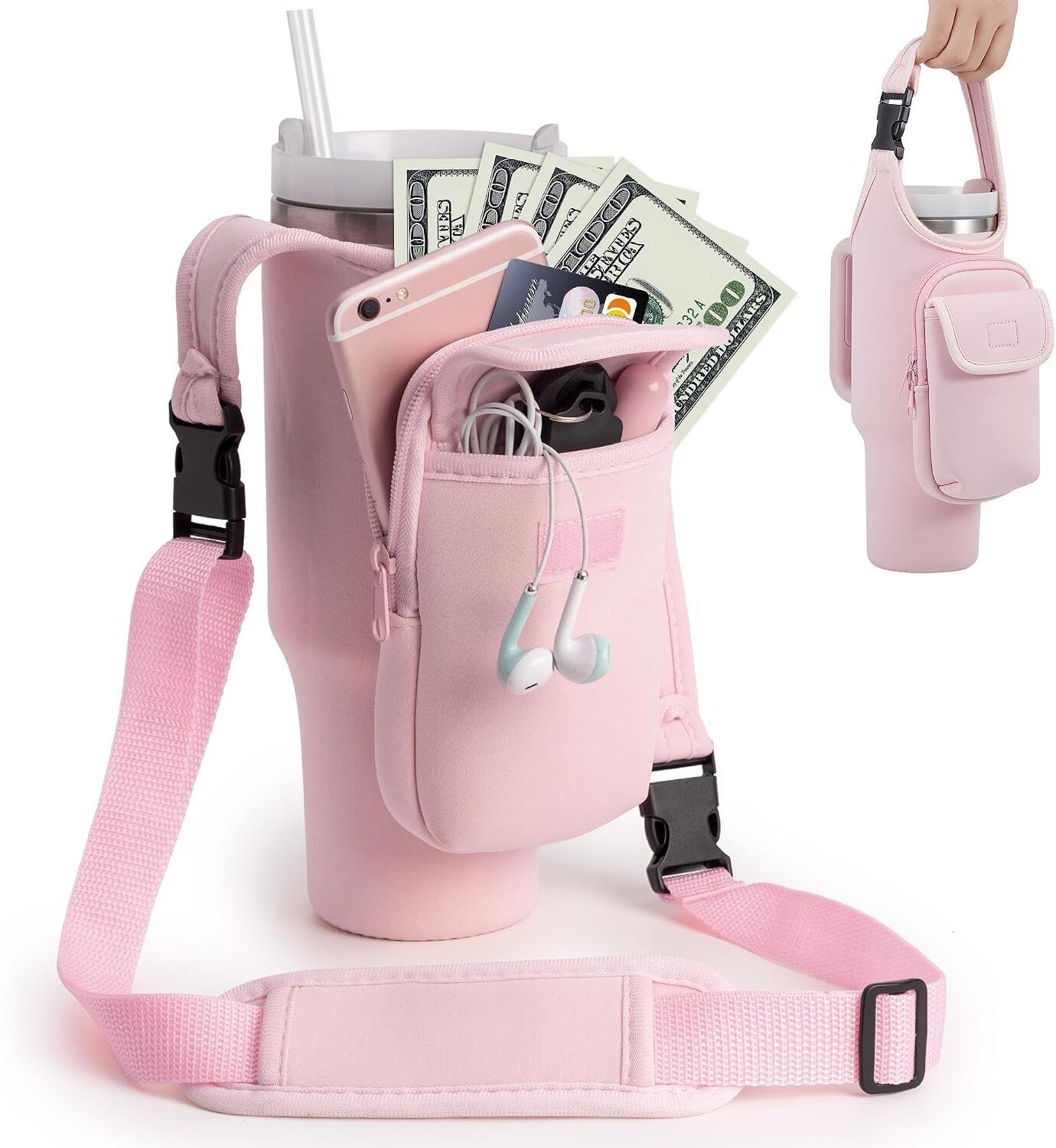 Water Bottle Carrier Bag with Phone Pocket & Adjustable Strap Sports Bottle Holder-image-33