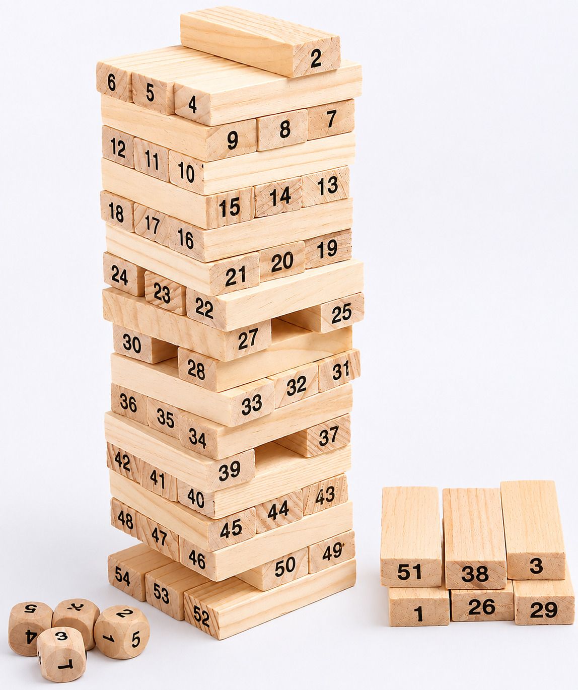 54 Pieces Wooden Tumbling Tower Block Stacking Game with 4 Dice | Zenga Game-image-34