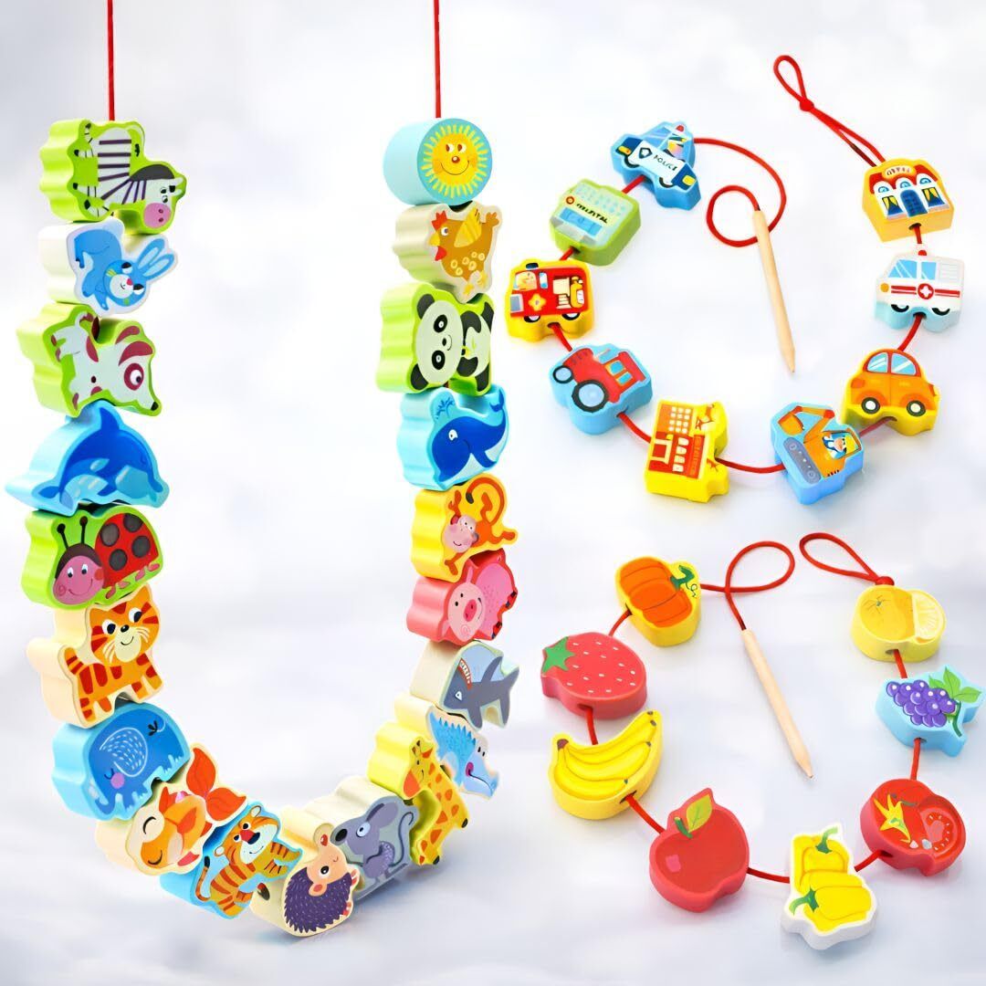 otak Wooden Lacing Threading Toy Set Animals Fruits Vehicles-picture-33